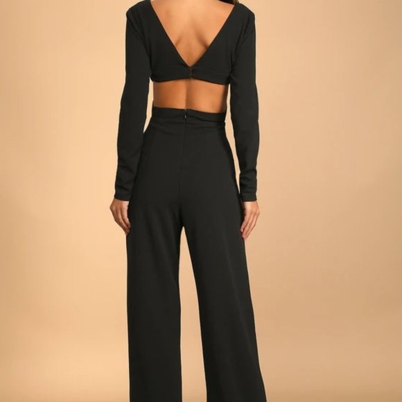 Lulu's Sophisticated Nights Black Cutout Long Sleeve Jumpsuit - Picture 2 of 4
